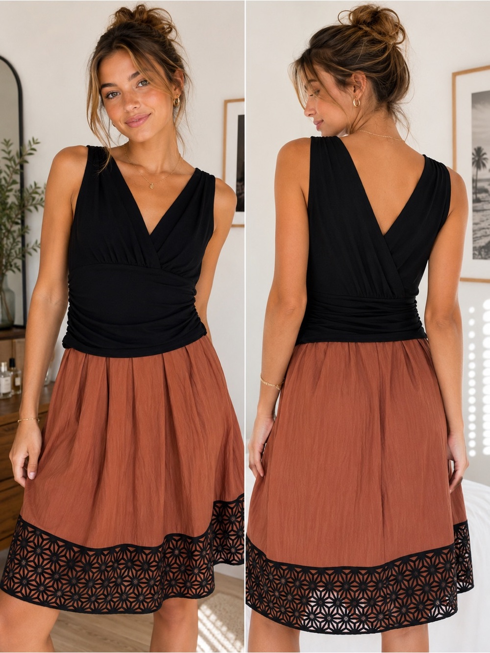 SLNY Colorblock Fit & Flare Dress Size 14 Black & Dusty Rose